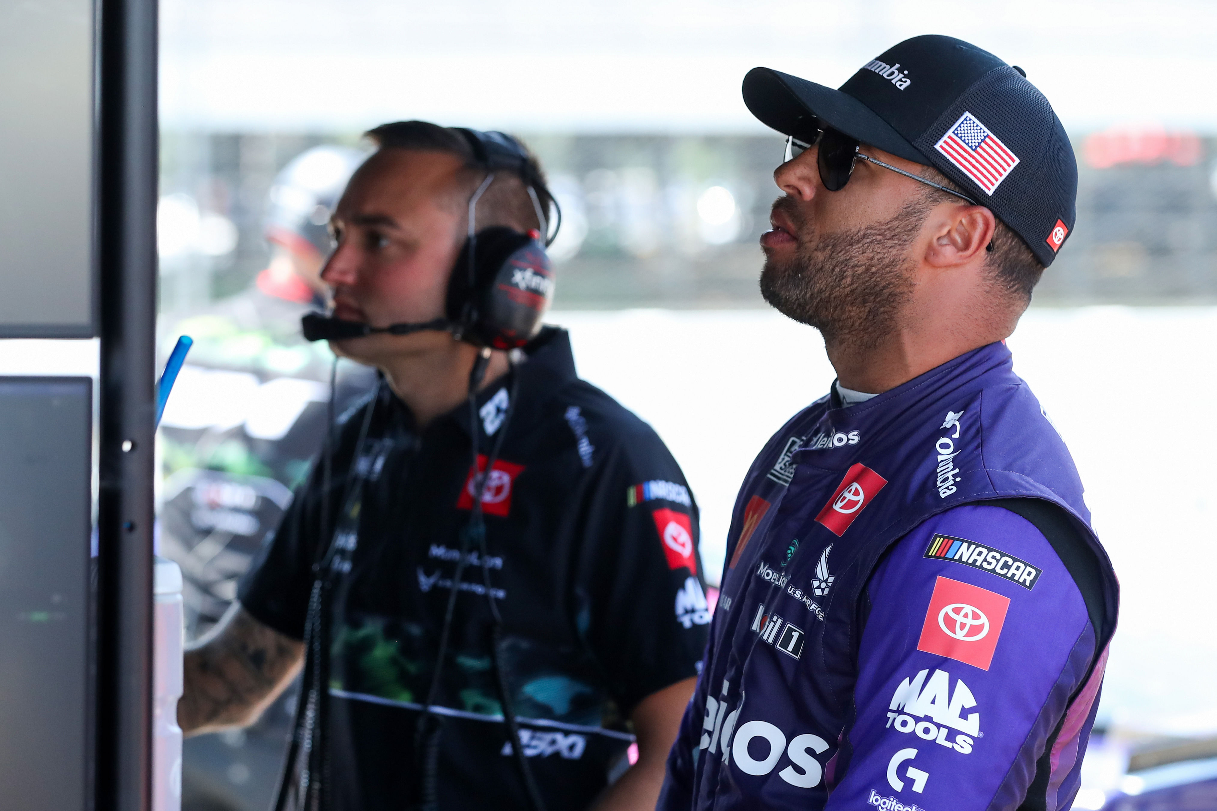 Bubba Wallace (R) during The Great American Getaway 400 practice at Pocono Raceway. Source: Imagn